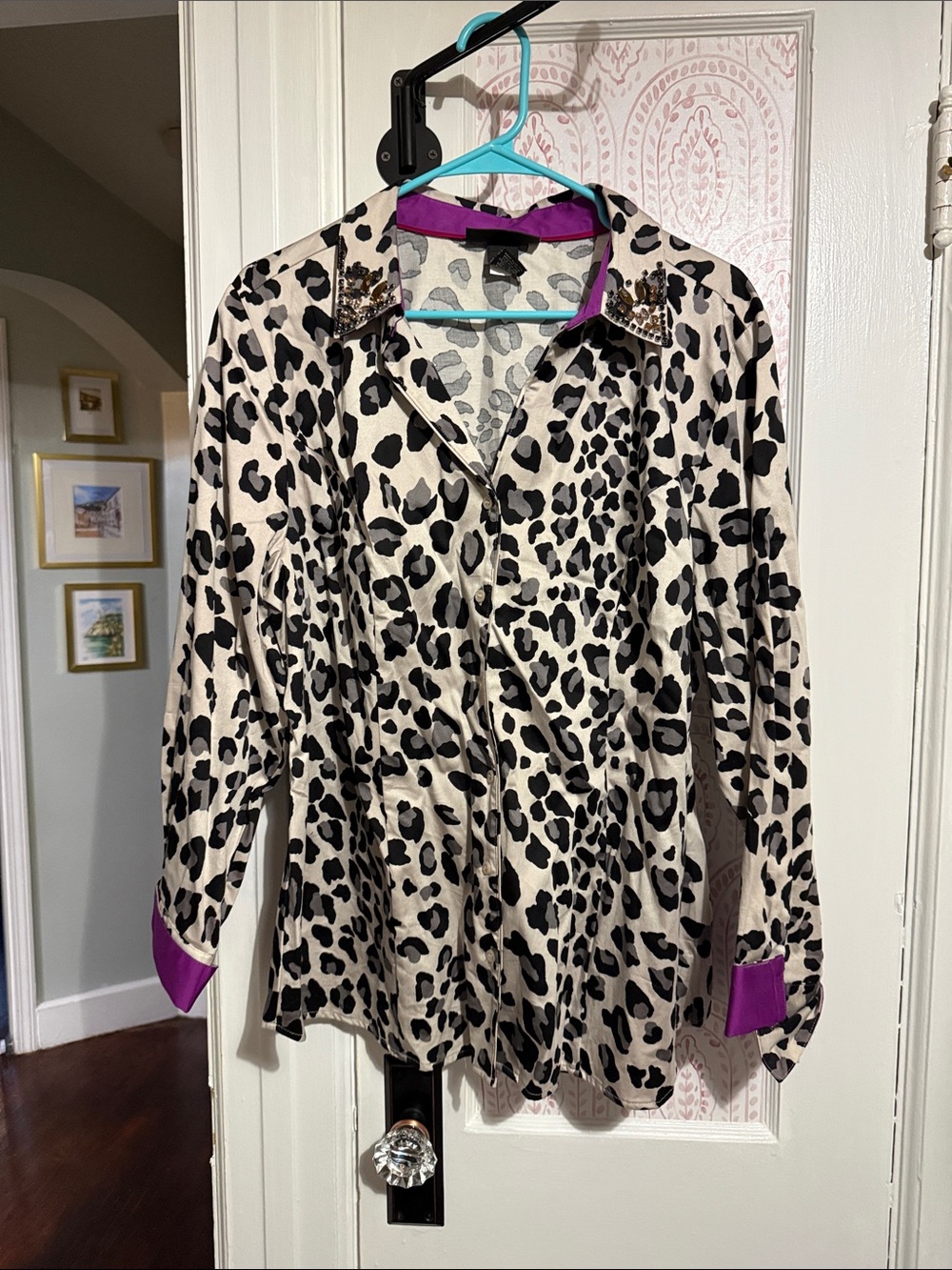 Lane Bryant Cream and Black Leopard Print Blouse with Purple Trim